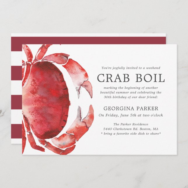 Red Tide | Crab Boil Birthday | Red Stripes Invitation (Front/Back)