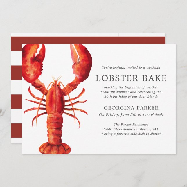 Red Tide | Lobster Bake Birthday | Red Stripes Invitation (Front/Back)