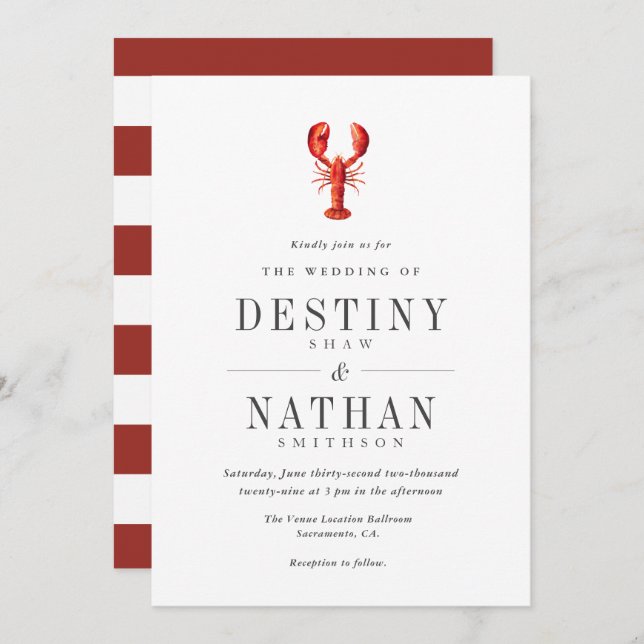Red Tide | Lobster Themed Wedding Red|White Invitation (Front/Back)