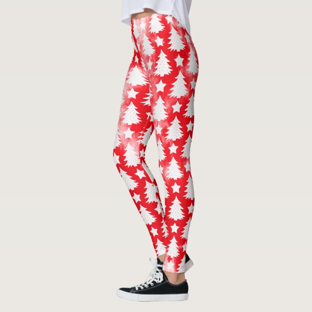 Red Tie Dye Christmas Tree Star Pattern Holiday Leggings (Left)