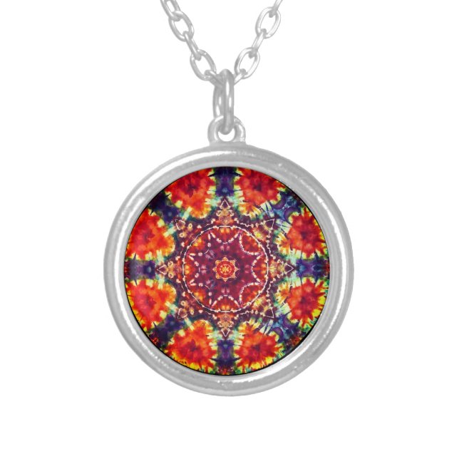 Red Tie-Dye Mandala Silver Plated Necklace (Front)