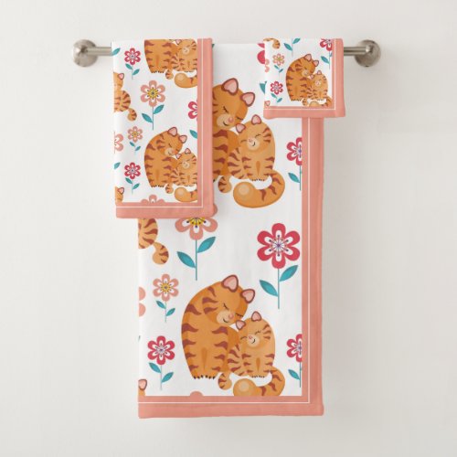 Red tiger cat mother and baby border Mothers Day  Bath Towel Set