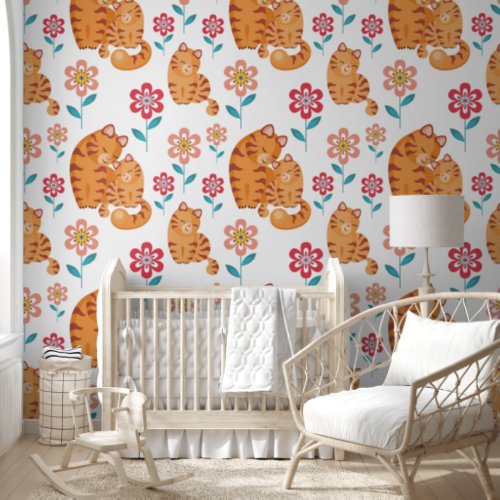 Red tiger cat mother and baby flowers pattern wallpaper 