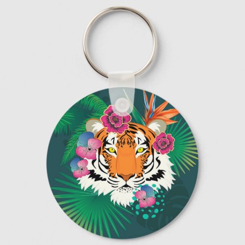 Red tiger head with tropical foliage keychain