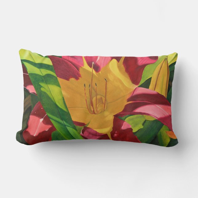 Red Tiger Lily floral painting, Lumbar Pillow (Front)
