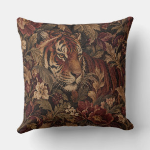 Red Tiger Vintage Floral Botanical Tiger Throw Pillow
