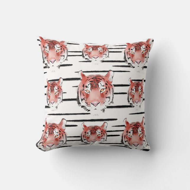 Red Tiger Watercolor Black Stripes Zodiac Animal  Throw Pillow (Front)