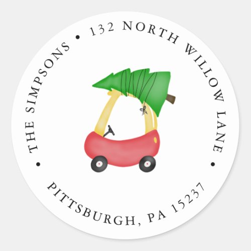 Red Tikes Car with Christmas Tree Return Address Classic Round Sticker