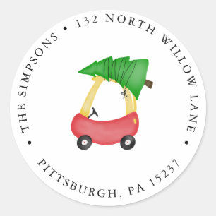 Red Tikes Car with Christmas Tree Return Address Classic Round Sticker