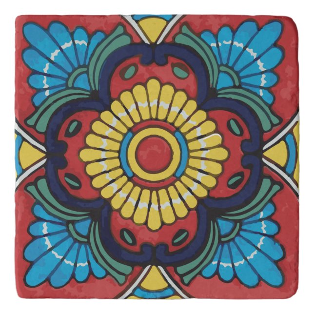 Red tile mexican talavera ceramics trivet (Front)