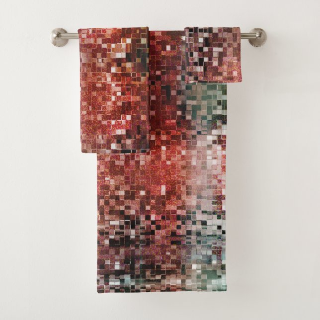 Red tile stained with spray paint bath towel set (Insitu)