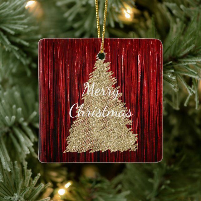 Red Tinsel Gold Christmas Tree Ceramic Ornament (Tree)