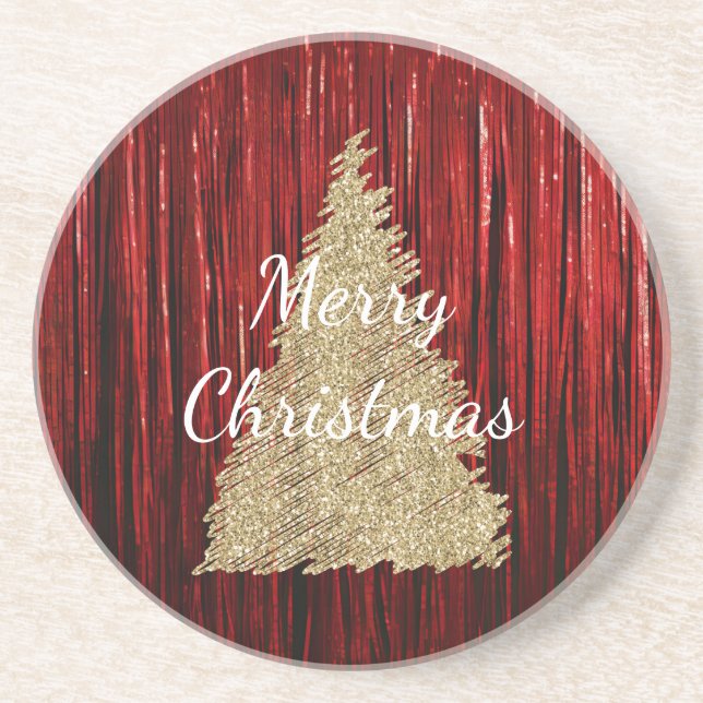 Red Tinsel Gold Christmas Tree Coaster (Front)