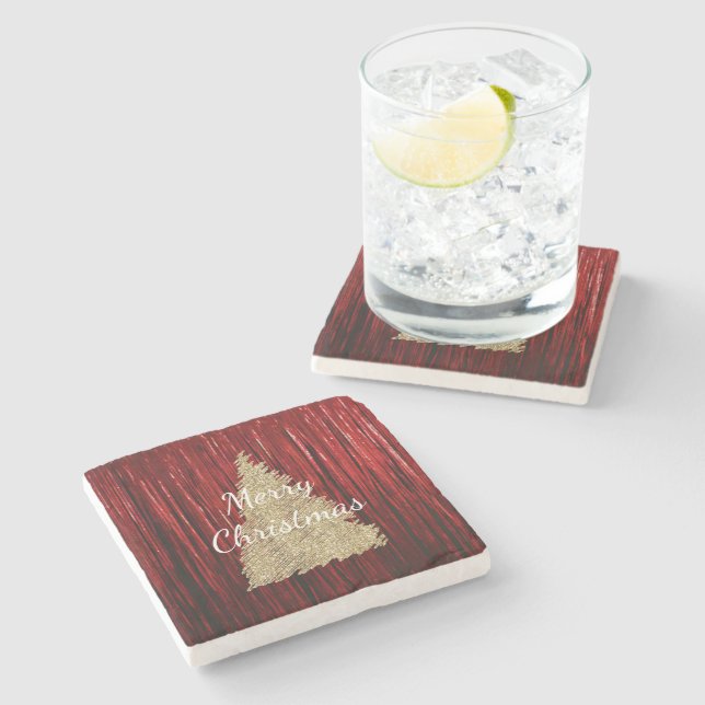 Red Tinsel Gold Christmas Tree Stone Coaster (Side)