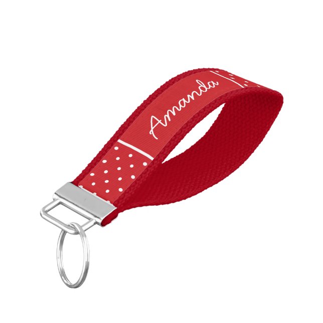 Red Tiny Dots Monogram Wrist Keychain (Angled Down)