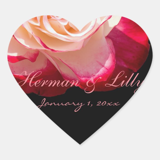Red Tipped White Rose Personalized Wedding Heart Sticker (Front)