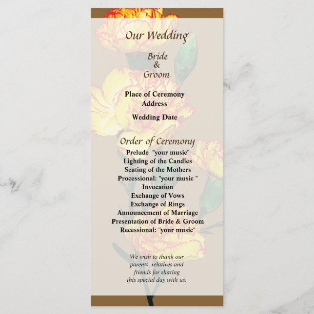 Red-Tipped Yellow Carnations Wedding Program (Front)