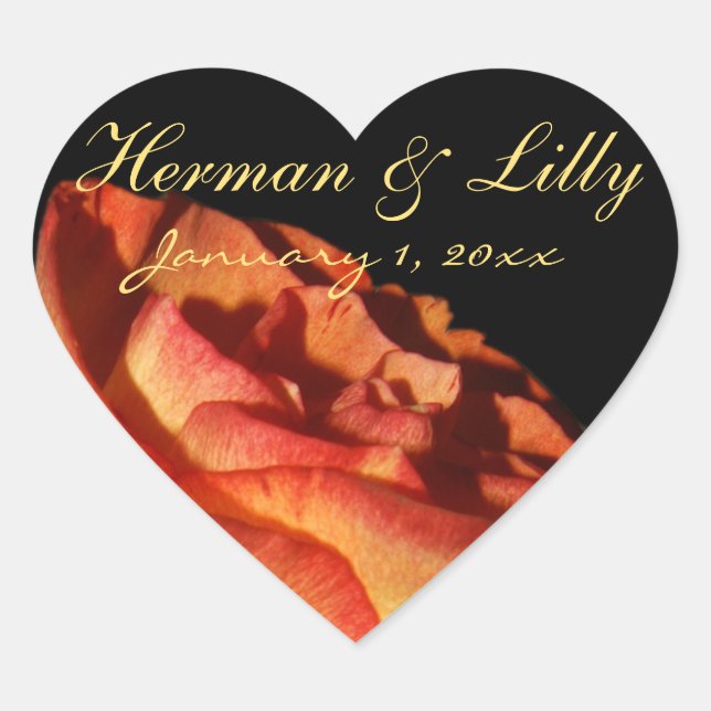 Red Tipped Yellow Rose Personalized Wedding Heart Sticker (Front)