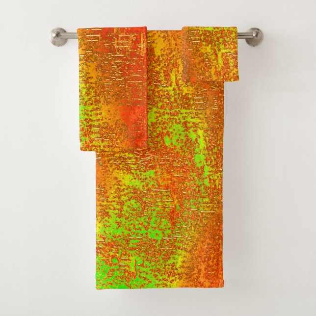 Red to lime with grooves and skinned stained paint bath towel set (Insitu)