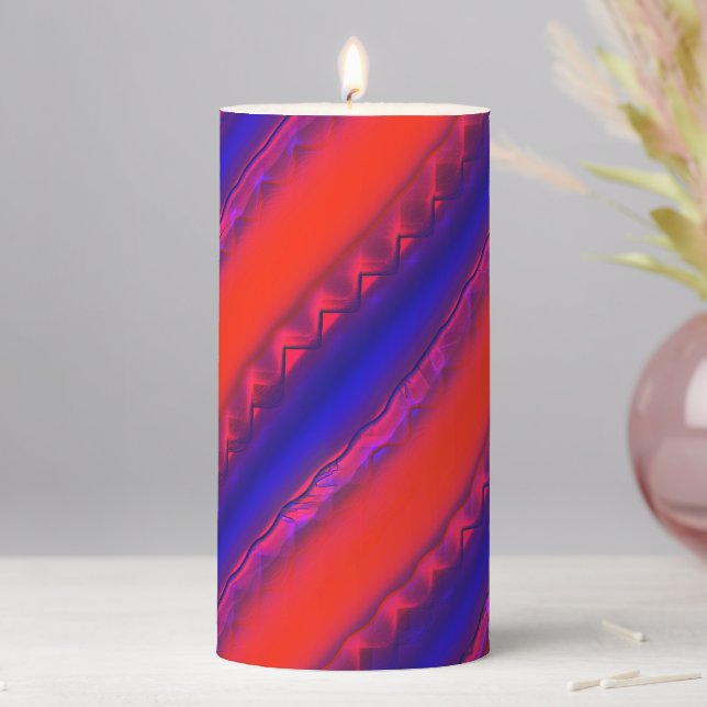 Red to royal blue wide cross stripes in lacy style pillar candle (In Situ)
