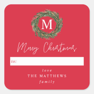 Red To Wreath Monogram Merry Christmas Square Sticker