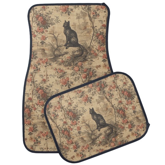 Red Toile Chinoiserie Cat Damask Car Floor Mat (Set)