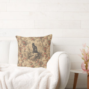 Red Toile Chinoiserie Cat Damask Throw Pillow