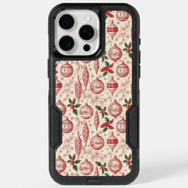 Red Toile Chinoiserie Christmas Ornaments iPhone 15 Pro Max Case (Back)