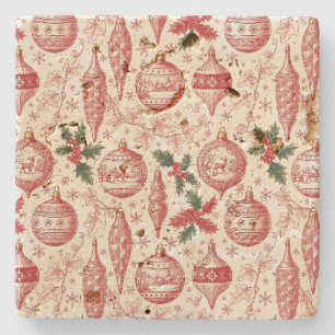 Red Toile Chinoiserie Christmas Ornaments Stone Coaster