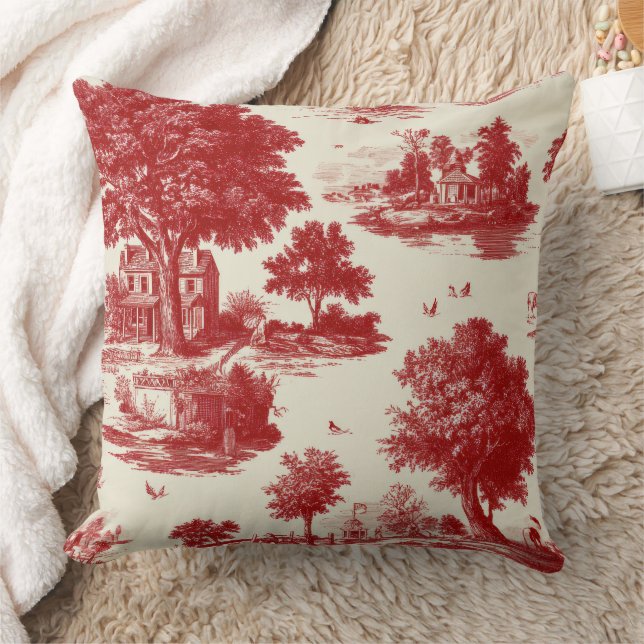 Red Toile Countryside Scene (12) Throw Pillow (Blanket)