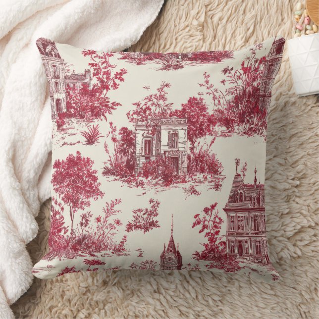 Red Toile Countryside Scene (4) Throw Pillow (Blanket)