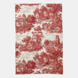 Red Toile Countryside Scene (8) Kitchen Towel
