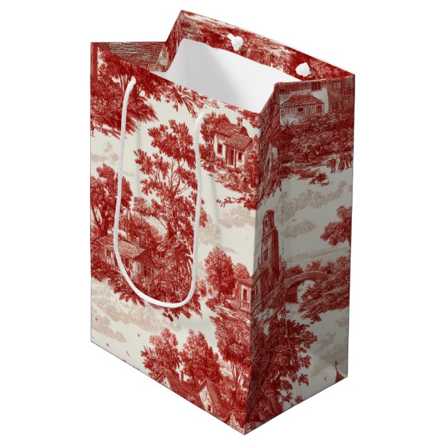 Red Toile Countryside Scene (8) Medium Gift Bag (Front Angled)