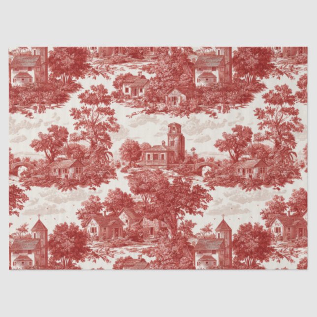 Red Toile Countryside Scene (8) Tissue Paper (Front)