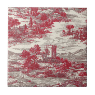 Red Toile Countryside Scene Ceramic Tile