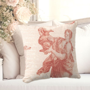Red Toile de Jouy Classical Goddess with Hound Dog Throw Pillow
