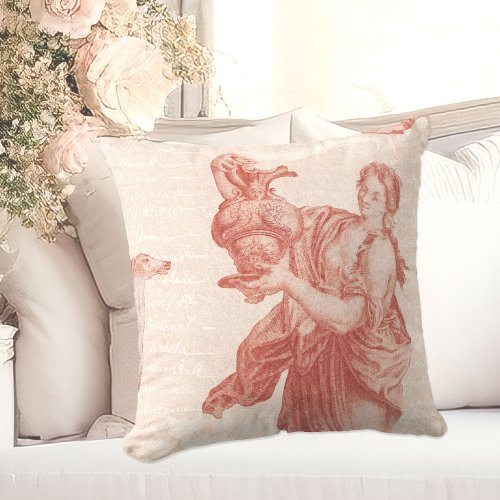 Red Toile de Jouy Classical Goddess with Hound Dog Throw Pillow