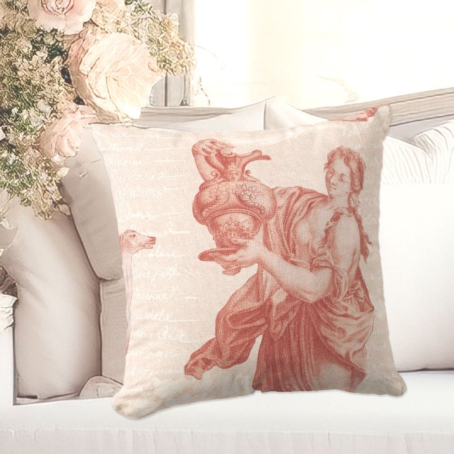 Red Toile de Jouy Classical Goddess with Hound Dog Throw Pillow (Creator Uploaded)