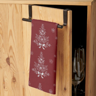 Red Toile De Jouy Coquette Christmas Foliage Kitchen Towel