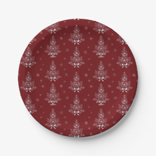 Red Toile De Jouy Coquette Christmas Foliage Paper Plates