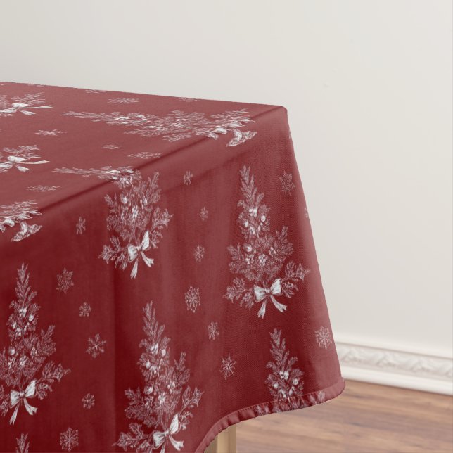 Red Toile De Jouy Coquette Christmas Foliage Tablecloth (In Situ)