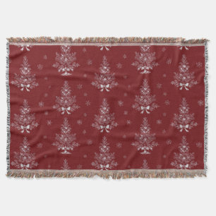 Red Toile De Jouy Coquette Christmas Foliage Throw Blanket