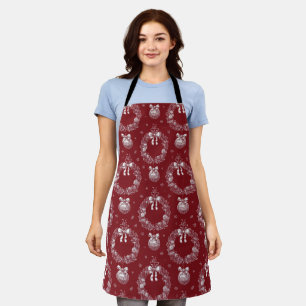 Red Toile De Jouy Holiday Wreath and Ornament Apron