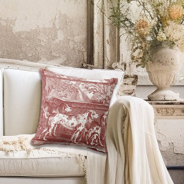 Red Toile de Jouy Hunting Dogs in Countryside Throw Pillow (Creator Uploaded)