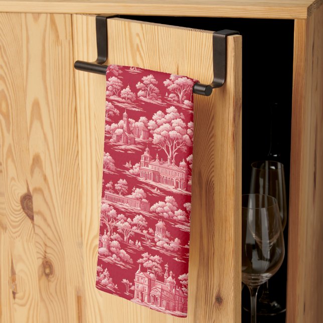 Red Toile-de-Jouy Kitchen Towel (Thirds Fold)
