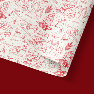 Red Toile de Jouy Modern Christmas Scenes Tissue Paper