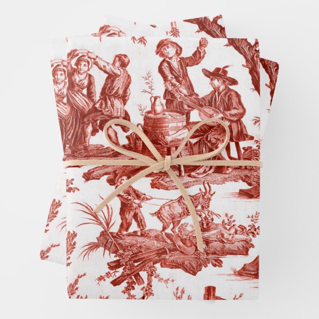 Red Toile de Jouy Wrapping Paper Sheets (In situ)
