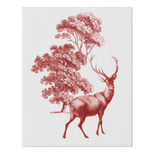 Red Toile Deer in Forest Faux Canvas Print