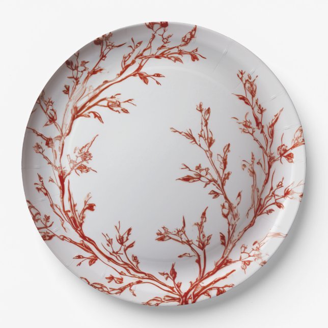 Red Toile Elegant Christmas Paper Plates (Front)