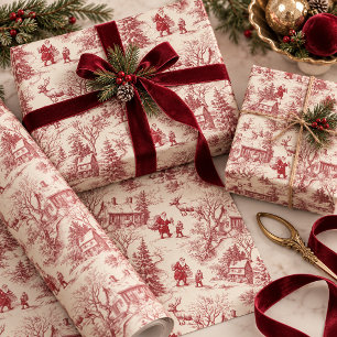 Red Toile Santa Claus Vintage Gift Wrapping Paper